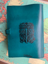 Load image into Gallery viewer, A4 Leather Journal Cover - Celtic Triskele or Triple Spiral with Claddagh - Green - with Clasp
