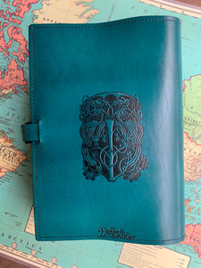 A4 Leather Journal Cover - Celtic Triskele or Triple Spiral with Claddagh - Green - with Clasp