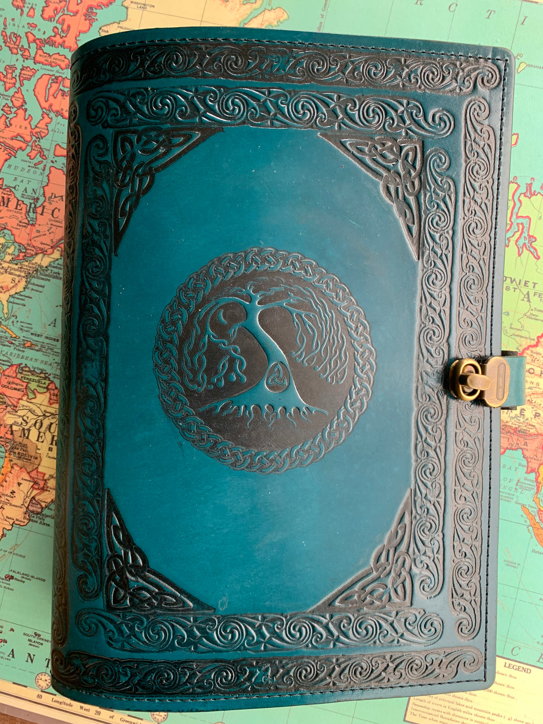 A4 Leather Journal Cover - Celtic Tree of Life - Green - with Clasp