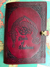 Load image into Gallery viewer, A4 Leather Journal Cover - Book of Shadows with Dragon - Burgundy - with clasp
