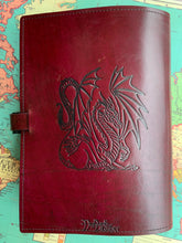 Load image into Gallery viewer, A4 Leather Journal Cover - Celtic Dragon 3 - Burgundy - with Clasp
