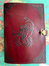 Load image into Gallery viewer, A4 Leather Journal Cover - Celtic Dragon 3 - Burgundy - with Clasp

