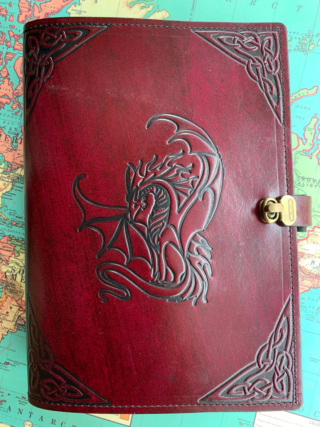 A4 Leather Journal Cover - Celtic Dragon 3 - Burgundy - with Clasp