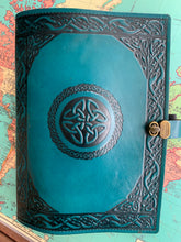 Load image into Gallery viewer, A4 Leather Journal Cover - Celtic Shield Knot - Green - with clasp
