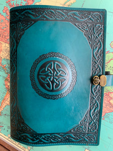 A4 Leather Journal Cover - Celtic Shield Knot - Green - with clasp