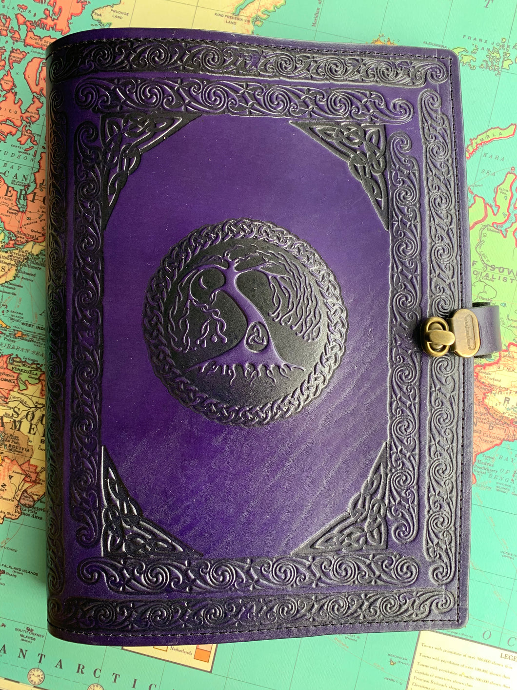 A4 Leather Journal Cover - Celtic Tree of Life - Purple - with Clasp