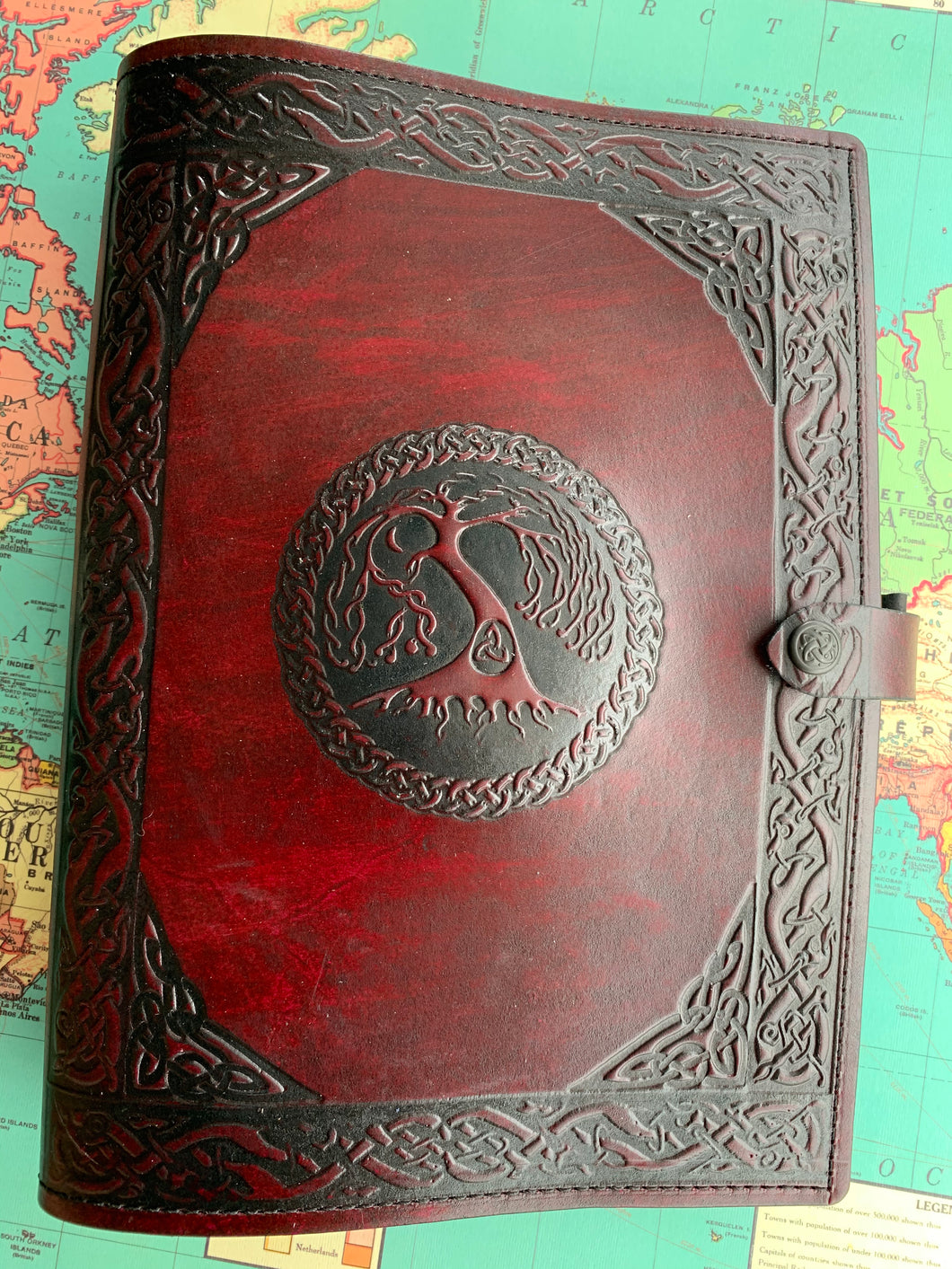 A4 Leather Journal Cover - Celtic Tree of Life - Burgundy - with sleeping dragons border