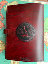 Load image into Gallery viewer, A4 Leather Journal Cover - Celtic Tree of Life - Burgundy - with sleeping dragons border
