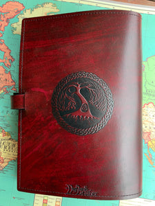 A4 Leather Journal Cover - Celtic Tree of Life - Burgundy - with sleeping dragons border