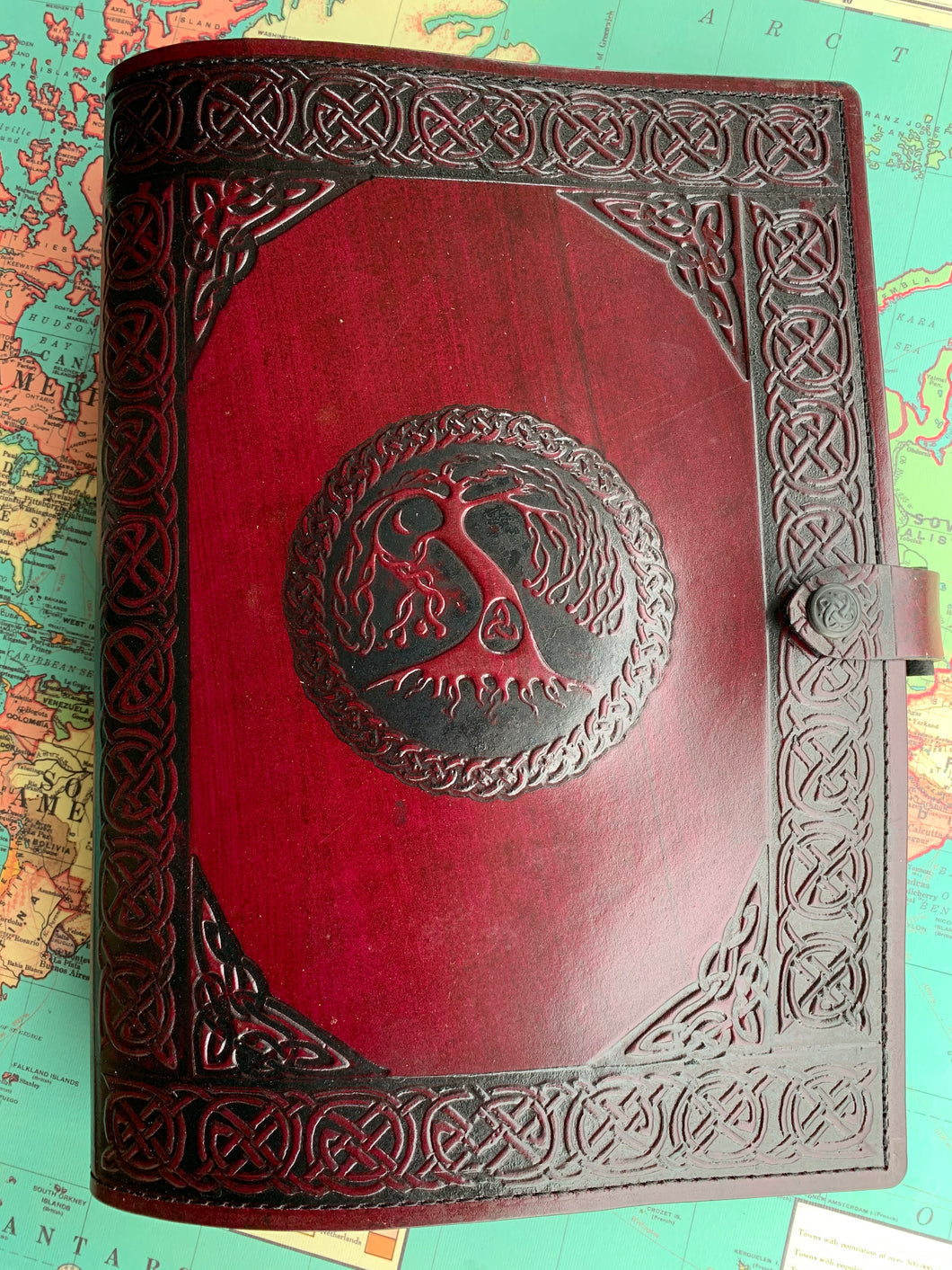 A4 Leather Journal Cover - Celtic Tree of Life - Burgundy