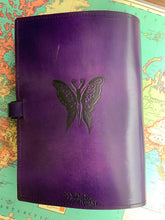 Load image into Gallery viewer, A4 Leather Journal Cover - Celtic Shy Fairy with circling Fairies - Purple
