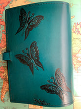 Load image into Gallery viewer, A4 Leather Journal Cover - Celtic Fairies with sleeping Dragon border - Green
