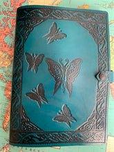 Load image into Gallery viewer, A4 Leather Journal Cover - Celtic Fairies with sleeping Dragon border - Green
