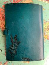 Load image into Gallery viewer, A4 Leather Journal Cover - Celtic Fairies with corner pieces border - Green
