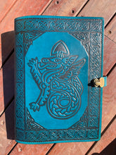 Load image into Gallery viewer, A4 Leather Journal Cover - Celtic Welsh Dragon - Teal - with clasp
