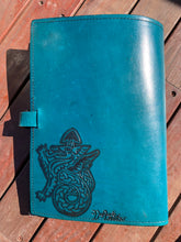 Load image into Gallery viewer, A4 Leather Journal Cover - Celtic Welsh Dragon - Teal - with clasp
