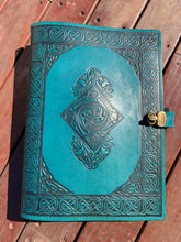 Load image into Gallery viewer, A4 Leather Journal Cover - Celtic Harmony with Gargoyles - Teal - with clasp
