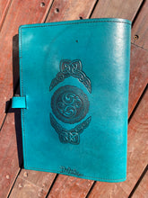 Load image into Gallery viewer, A4 Leather Journal Cover - Celtic Harmony with Gargoyles - Teal - with clasp
