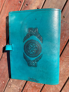 A4 Leather Journal Cover - Celtic Harmony with Gargoyles - Teal - with clasp