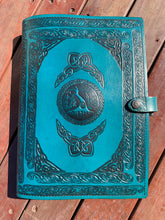 Load image into Gallery viewer, A4 Leather Journal Cover - Celtic Tree of Life with Claddagh - Teal
