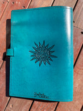 Load image into Gallery viewer, A4 Leather Journal Cover - Celtic Tree of Life with Claddagh - Teal
