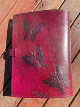 Load image into Gallery viewer, A4 Leather Journal Cover - Celtic Fairies with double wave of Life border - Burgundy
