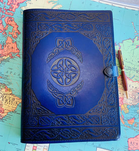 A4 Leather Journal Cover - Celtic Shield Knot - Blue