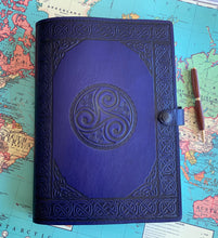 Load image into Gallery viewer, A4 Leather Journal Cover - Celtic Triskele or Triple Spiral - Blue
