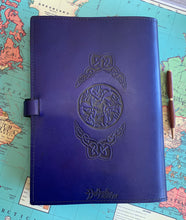 Load image into Gallery viewer, A4 Leather Journal Cover - Celtic Triskele or Triple Spiral - Blue
