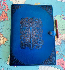 A4 Leather Journal Cover - Celtic Sacred Tree - Blue