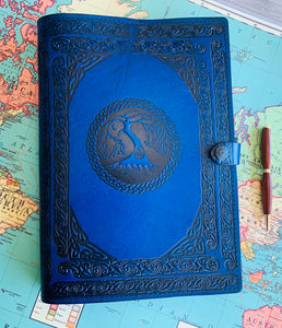 A4 Leather Journal Cover - Celtic Tree of Life with Double Wave of Life Border - Blue 2