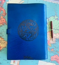 Load image into Gallery viewer, A4 Leather Journal Cover - Celtic Tree of Life with Double Wave of Life Border - Blue 2
