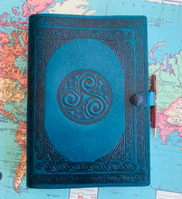 Load image into Gallery viewer, A4 Leather Journal Cover - Celtic Triskele or Triple Spiral - Green
