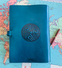 Load image into Gallery viewer, A4 Leather Journal Cover - Celtic Triskele or Triple Spiral - Green
