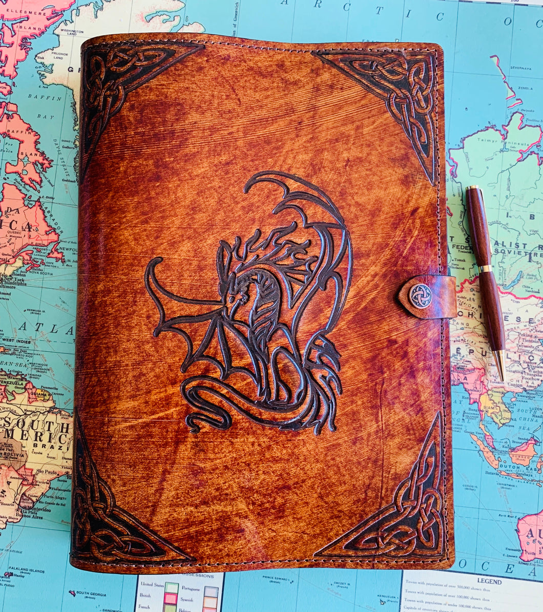 A4 Leather Journal Cover - Celtic Dragon 3 - Brown