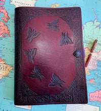 Load image into Gallery viewer, A4 Leather Journal Cover - Celtic Fairies - Burgundy
