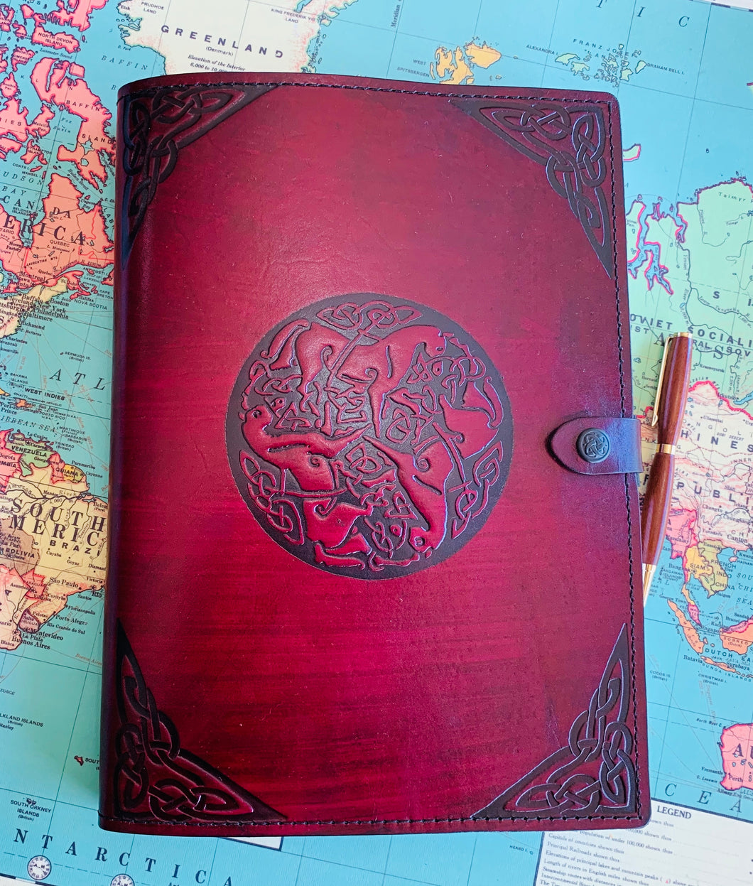 A4 Leather Journal Cover - Celtic Horses - Red