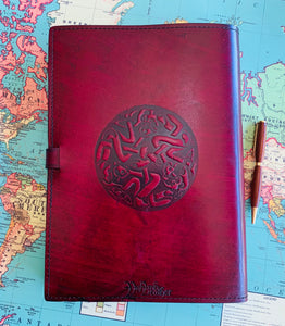 A4 Leather Journal Cover - Celtic Horses - Red