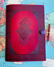 Load image into Gallery viewer, A4 Leather Journal Cover - Celtic Square Eternity with Gargoyles - Red
