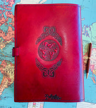 Load image into Gallery viewer, A4 Leather Journal Cover - Celtic Square Eternity with Gargoyles - Red
