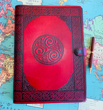 Load image into Gallery viewer, A4 Leather Journal Cover - Celtic Triskele or Triple Spiral - Red
