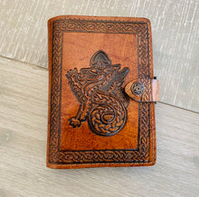 Load image into Gallery viewer, A6 Leather Journal Cover - Celtic Welsh Dragon with Chain of Life Border - Brown
