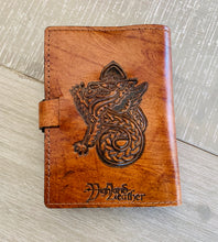 Load image into Gallery viewer, A6 Leather Journal Cover - Celtic Welsh Dragon with Chain of Life Border - Brown
