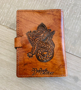 A6 Leather Journal Cover - Celtic Welsh Dragon with Chain of Life Border - Brown