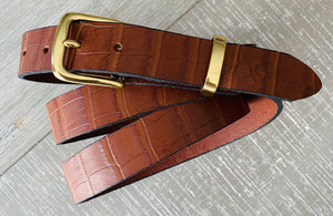 Leather Belt Full Grain - Individually Handmade with Crocodile embossed pattern & removable buckle 1.25"/32mm