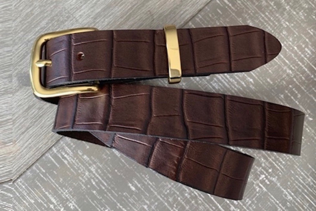 Leather Belt Full Grain - Individually Handmade with Crocodile embossed pattern & removable buckle 1.5