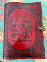 Load image into Gallery viewer, A4 Leather Journal Cover - Celtic Dragon 1 - Red - with Clasp
