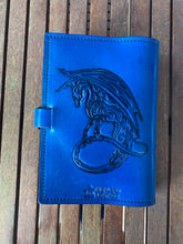 Load image into Gallery viewer, A5 Leather Journal Cover - Celtic Dragon 3 - Blue - with Clasp
