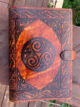 Load image into Gallery viewer, A5 Leather Journal Cover - Celtic Triskele - Brown
