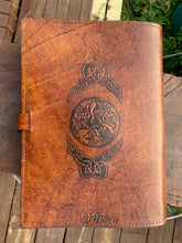 Load image into Gallery viewer, A4 Leather Journal Cover - Celtic Horses with Claddagh - Brown
